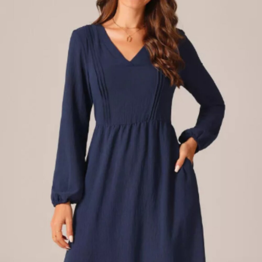 Elegant Frilled Long Sleeve V Neck Pleated Fit Flare A-Line Midi Dress